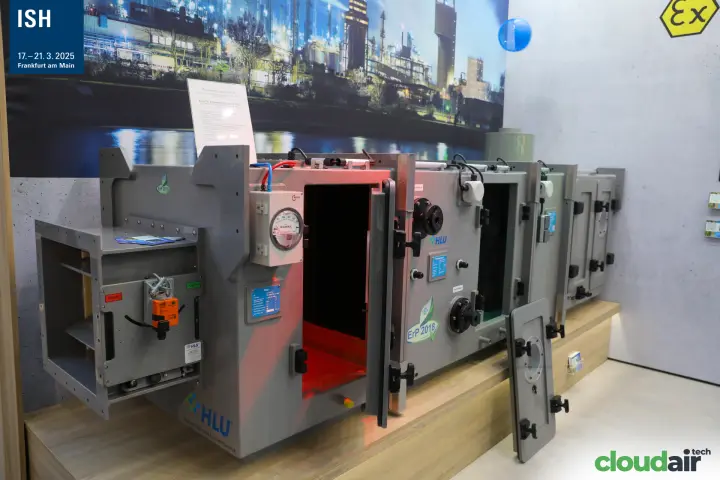HLU plastic air handling unit sections with open doors and damper actuator at ISH 2025