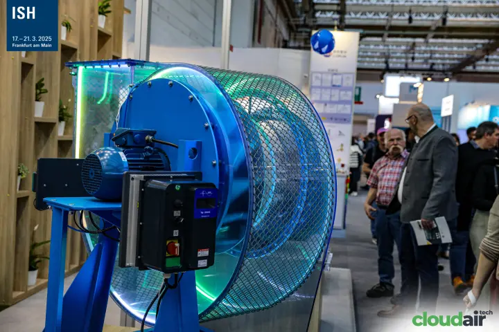 HLU transparent fan model with blue motor and drive controller at ISH 2025
