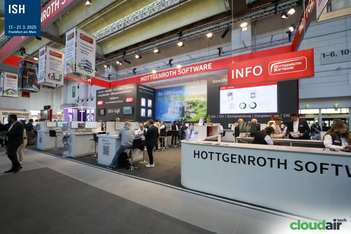 Hottgenroth Software stand overview with BIM-Café and workstations at ISH 2025