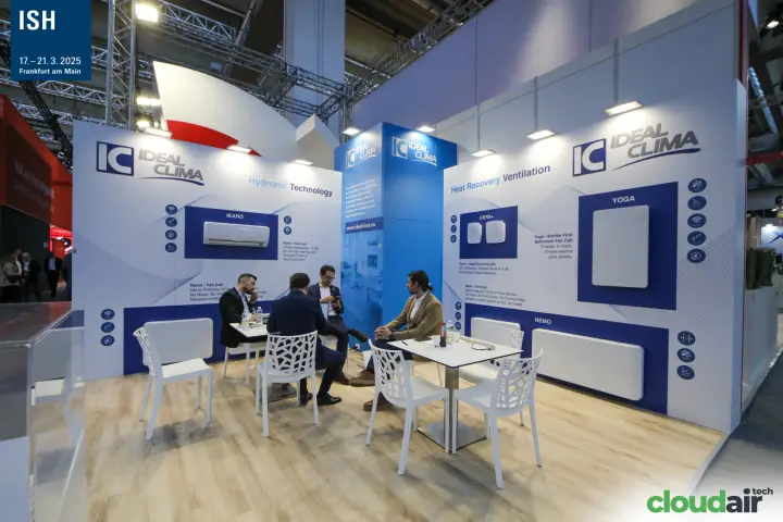 Ideal Clima stand with fan coils and heat recovery units on display walls at ISH 2025