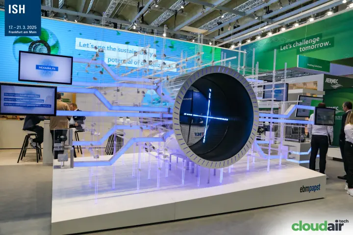 Illuminated fan ring and light-rod installation on the ebm-papst stand at ISH 2025