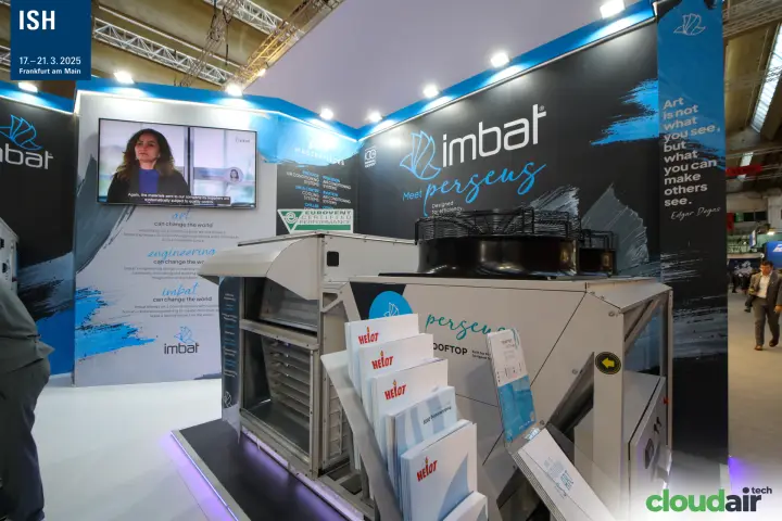 Imbat Perseus rooftop unit in front of the "Meet Perseus" wall at ISH 2025
