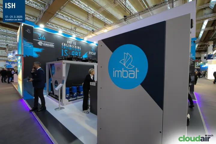 Imbat stand with an air-cooled scroll chiller and blue logo panel at ISH 2025