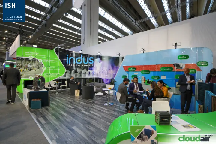 Indus Heat Exchangers lounge with coil samples and application graphic at ISH 2025