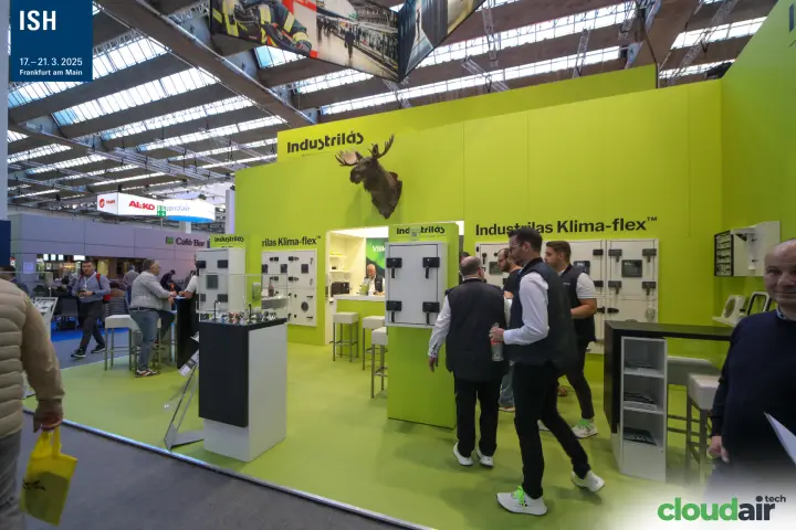 Industrilås stand with Klima-flex panels and a mounted moose head at ISH 2025