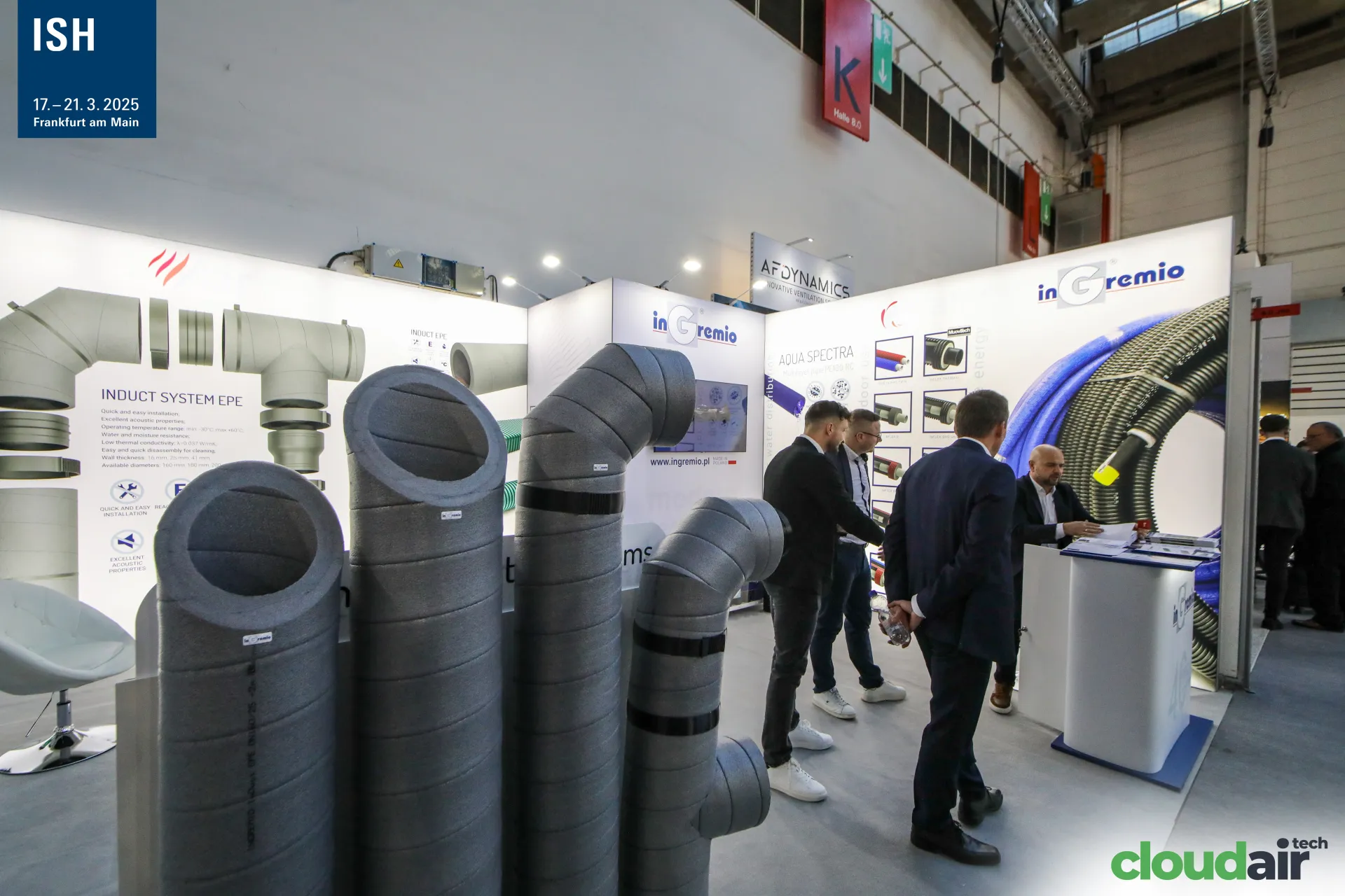 inGremio grey EPE duct elbows and tees in the foreground at ISH 2025