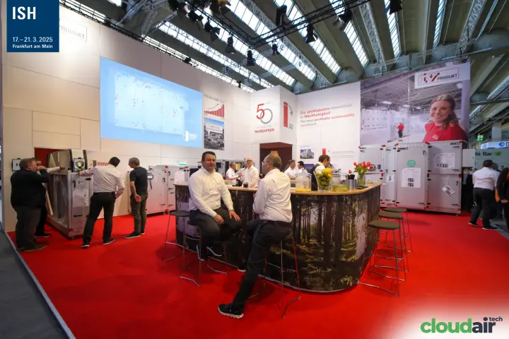 IV Produkt stand with forest-print bar and air handling units