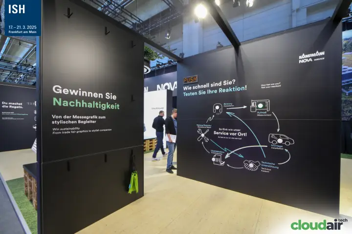 Kampmann NOVA Service reaction test wall with service cycle graphic at ISH 2025