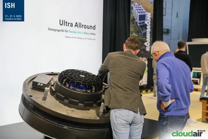 Kampmann Ultra Allround ceiling unit shown open from above at ISH 2025