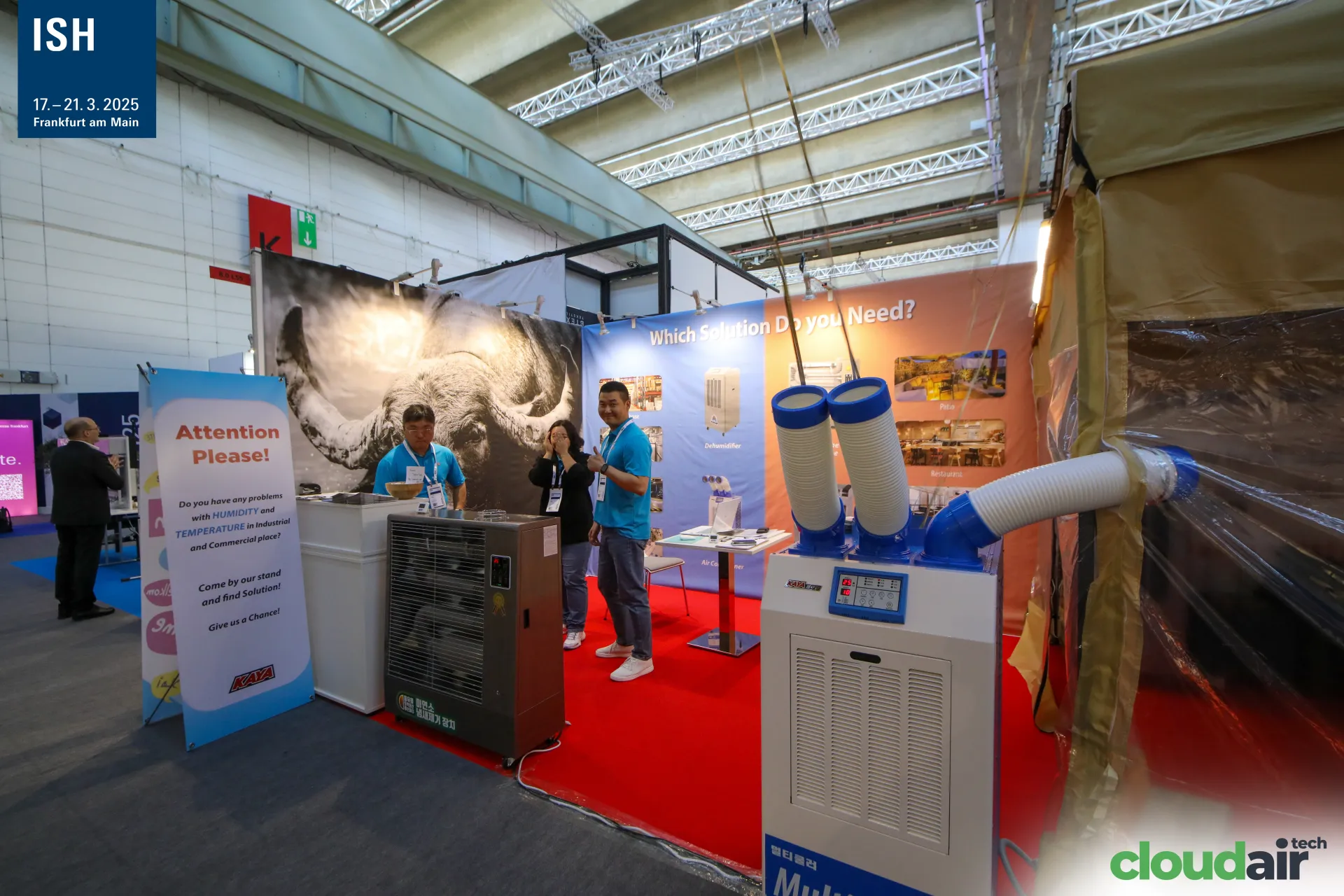 Kaya stand with portable spot coolers and an industrial heater at ISH 2025