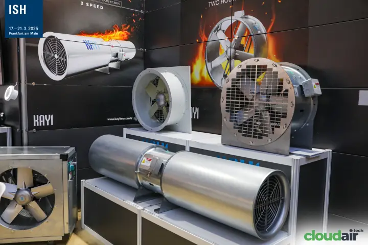Kayi jet fans and axial smoke exhaust fans against a flame graphic at ISH 2025