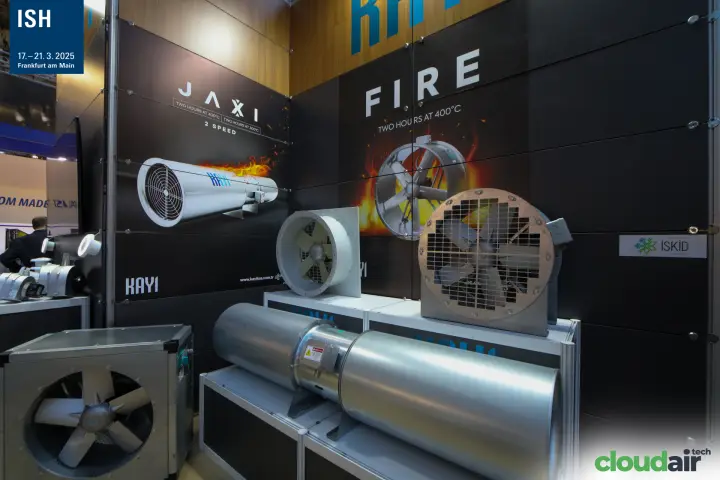 Kayi jet fans and axial smoke extract fans under the FIRE graphic at ISH 2025