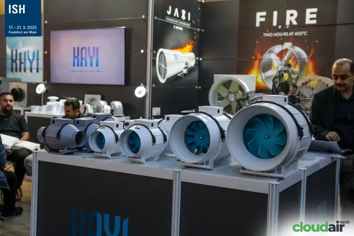 Kayi mixed-flow inline duct fans lined up by size at ISH 2025