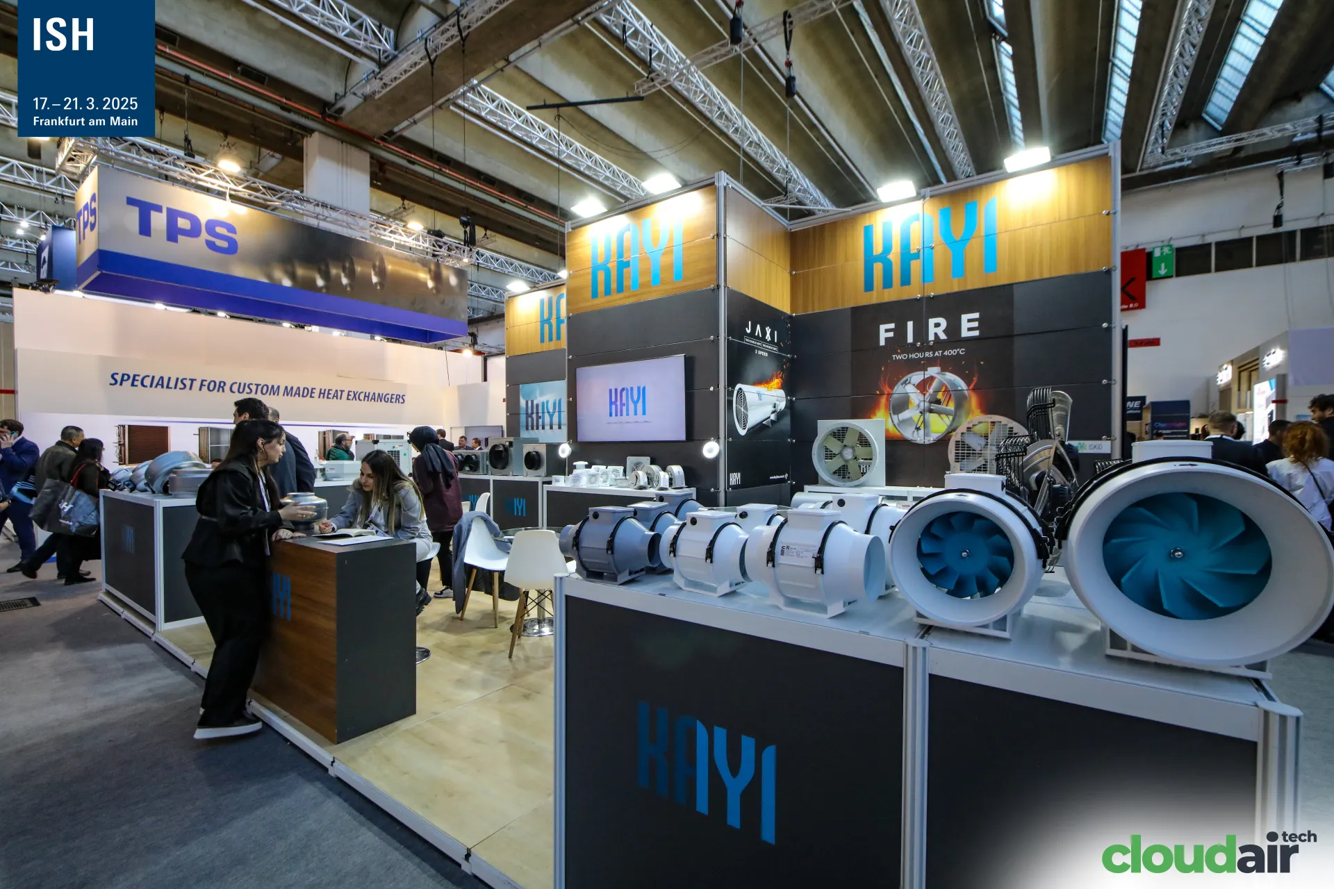 Kayi stand with inline duct fans and "FIRE" smoke exhaust graphics at ISH 2025