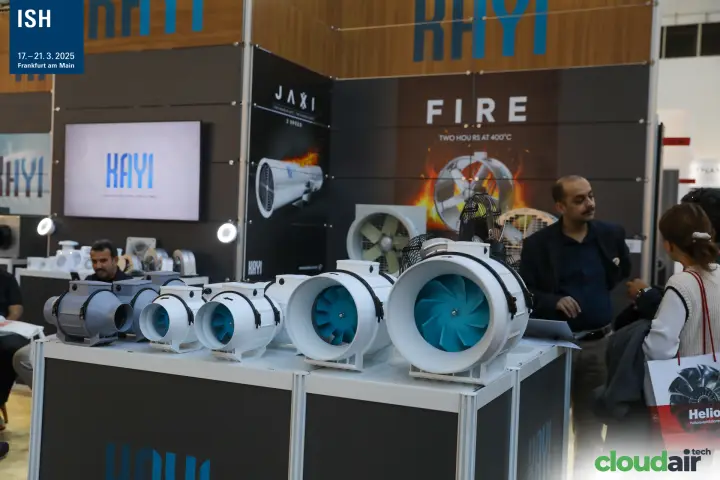 Kayi stand with inline fans, Jaxi jet fan and FIRE smoke-extract graphics at ISH 2025