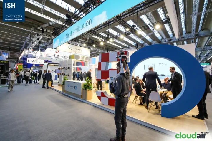 Klimaoprema "Air distribution" banner and RKP-P product screen at ISH 2025