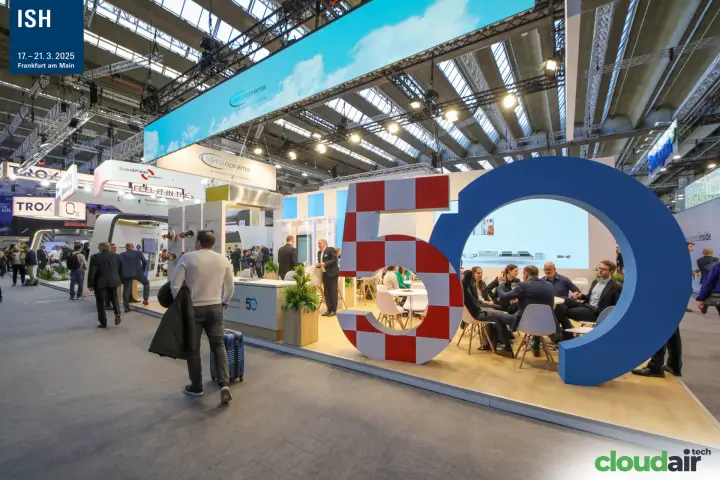 Klimaoprema stand with a giant red-check and blue "50" sculpture at ISH 2025