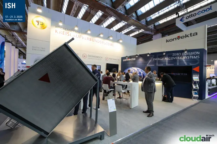 Konvekta stand with a tilted run-around coil heat exchanger in front