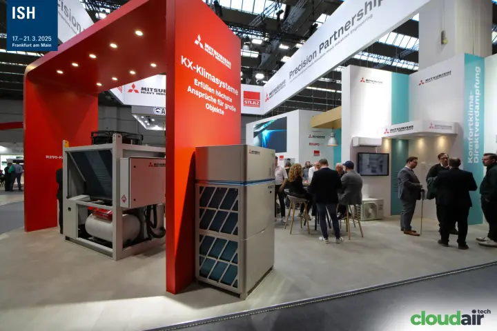KXZ outdoor unit and R290 unit under the red Mitsubishi Heavy Industries arch at ISH 2025