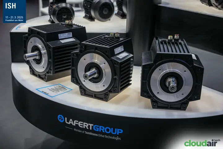 Lafert compact black motors on a round display plinth at ISH 2025
