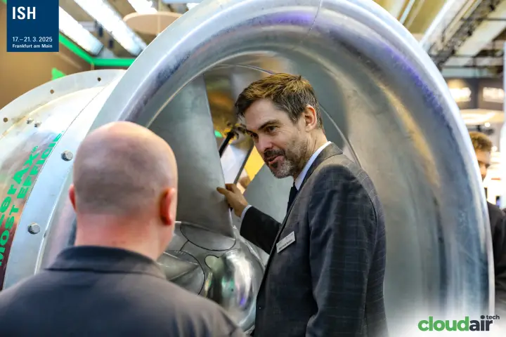 Large Novenco ZerAx axial fan shown up close with its impeller blades at ISH 2025