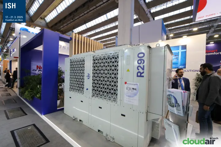 Large R290 outdoor unit at the front of the Rhoss stand at ISH 2025
