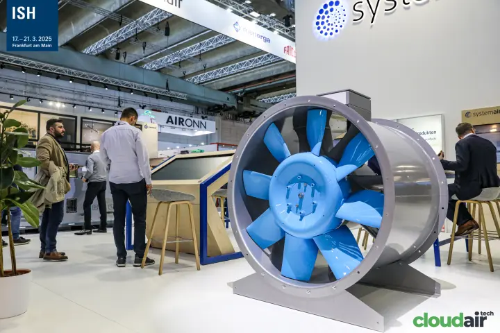 Large Systemair axial fan with light blue impeller on show at ISH 2025