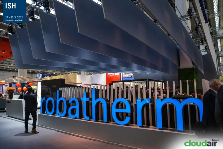 Layered angled fascia panels suspended above the robatherm stand at ISH 2025