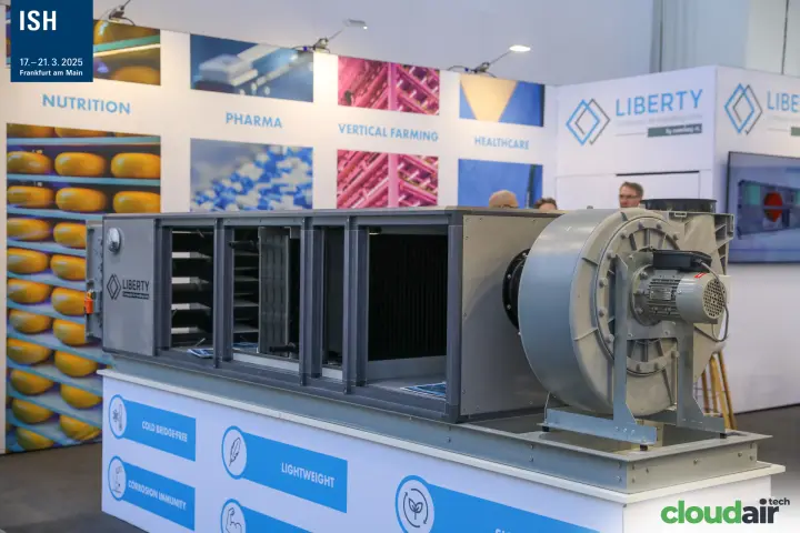Liberty composite air handling unit with open sections and grey centrifugal fan