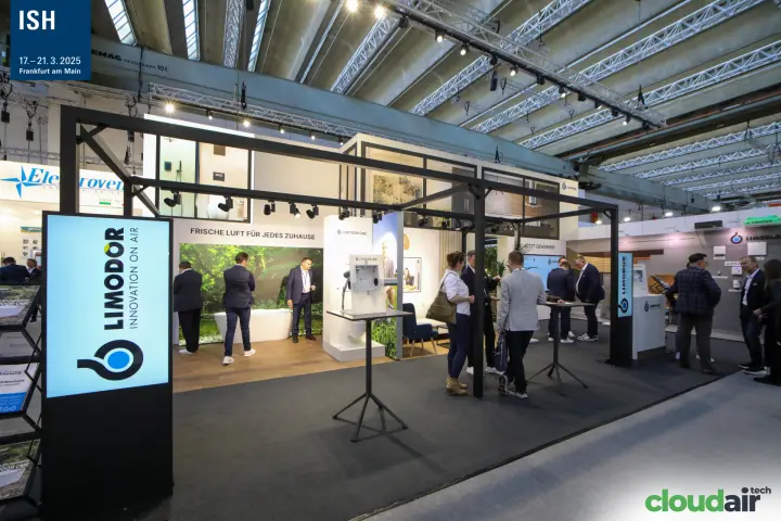 Limodor stand with 'Innovation on air' totem and bathroom displays at ISH 2025