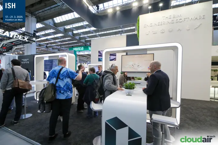 Linear booth screen showing "THE BIM SOLUTION FOR YOUR MEP DESIGN" at ISH 2025