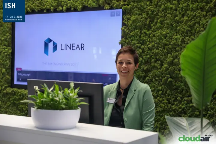 Linear reception with the BIM engineering software logo on screen at ISH 2025