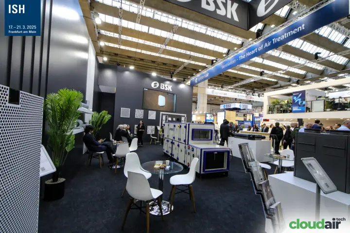 Lounge seating and white-and-blue air handling unit inside the BSK stand at ISH 2025