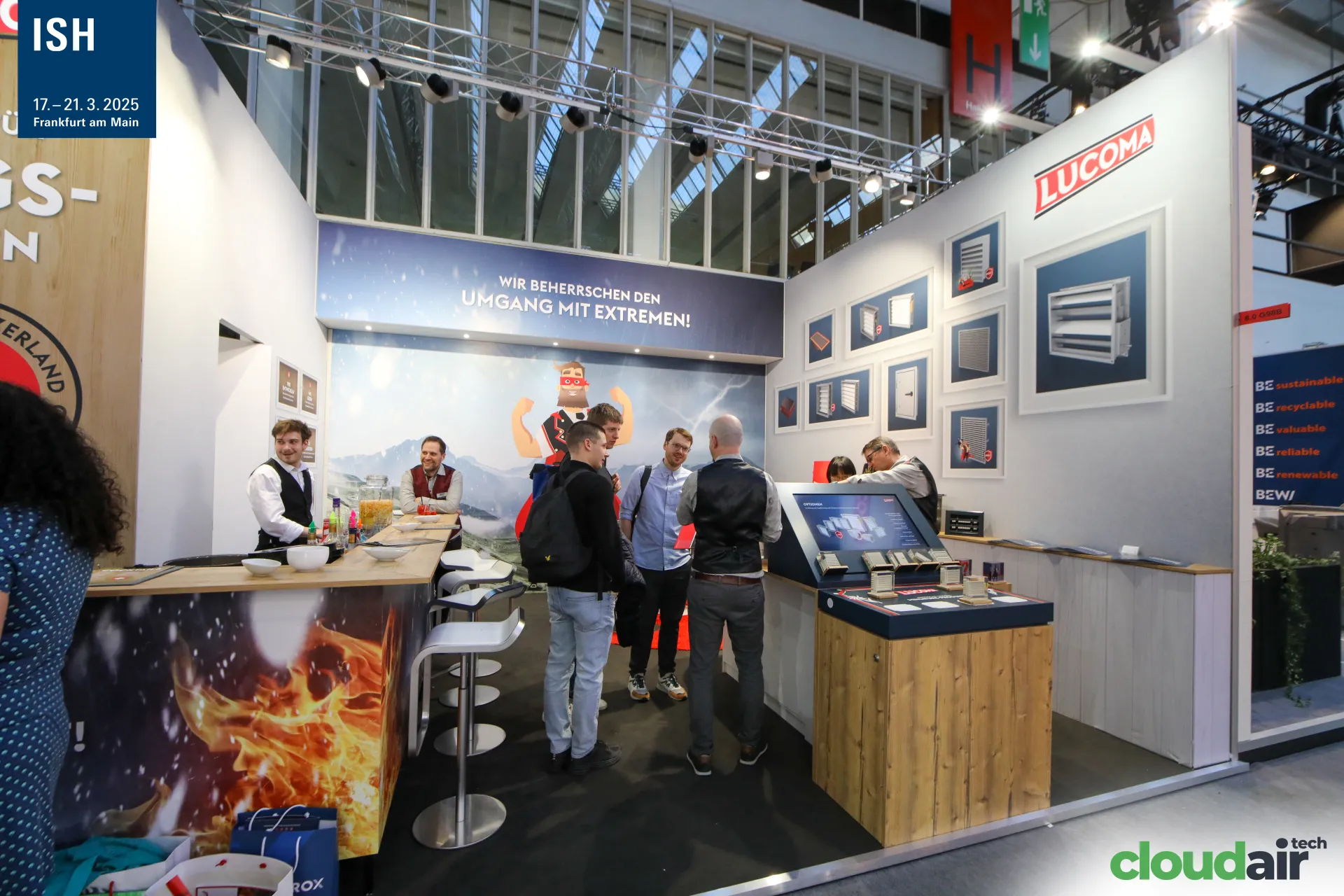 Lucoma stand with louvre and damper pictures and touchscreen kiosk at ISH 2025