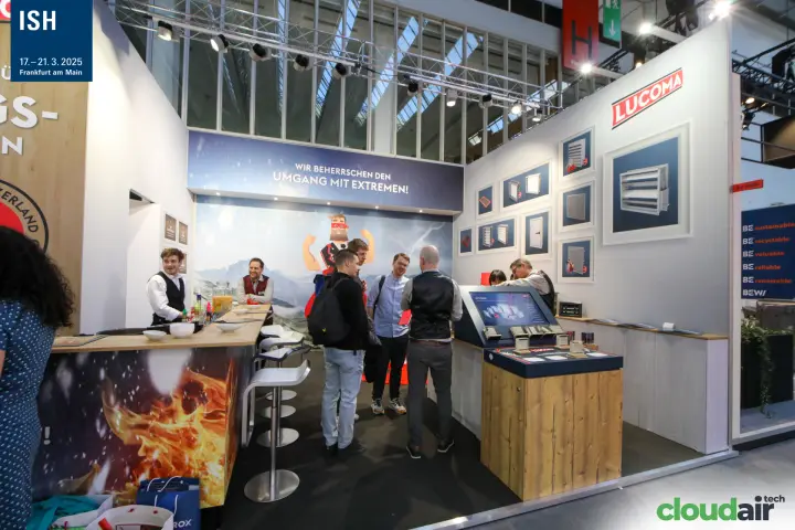 Lucoma stand with louvre and damper pictures and touchscreen kiosk at ISH 2025