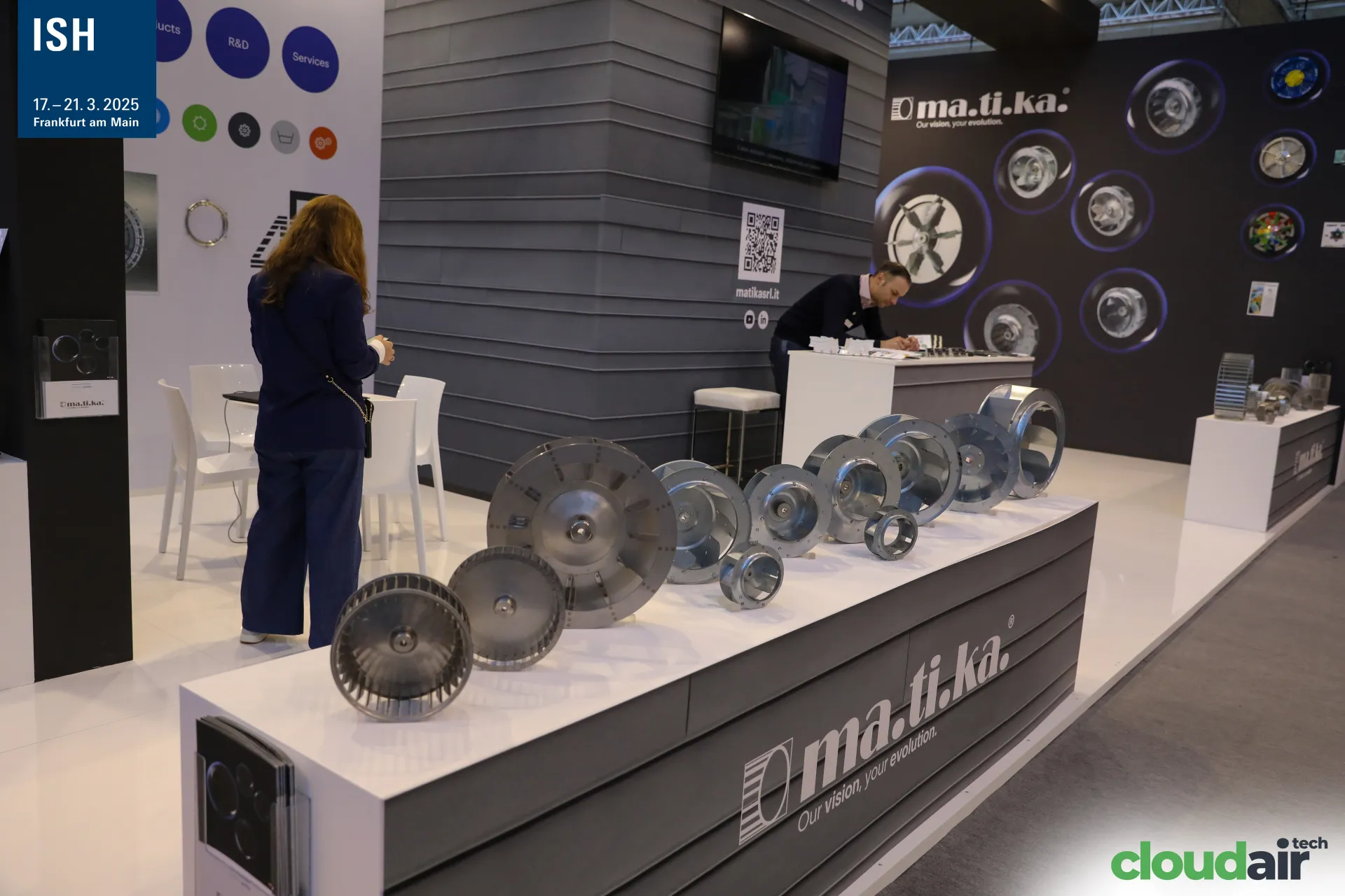 ma.ti.ka. stand with a row of centrifugal fan impellers on a grey plinth at ISH 2025