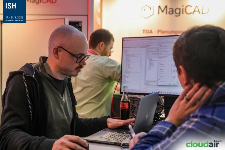 MagiCAD design software demonstrated on a laptop and monitor at ISH 2025