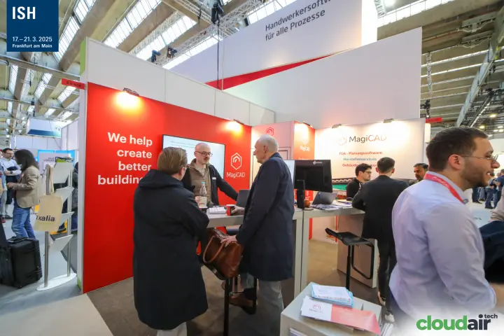MagiCAD stand with red "We help create better buildings" wall at ISH 2025