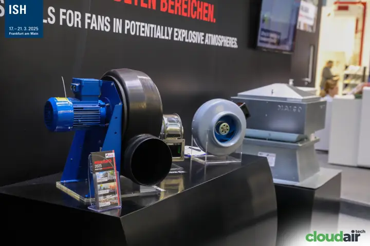 Maico centrifugal, duct and roof fans in front of an explosion-protection slogan at ISH 2025