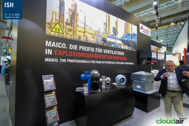 Maico explosion-proof fan display under the 'Die Profis für Ventilatoren' slogan at ISH 2025