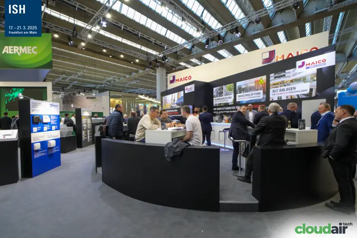 Maico Ventilatoren bar and meeting area with Elicent fan display at ISH 2025