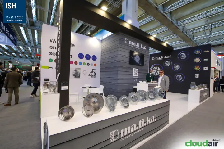 Matika fan impellers lined up on the stand's slatted grey plinth at ISH 2025