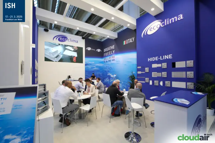 Meetings at Ecoclima tables beside the HIDE-LINE diffuser display at ISH 2025