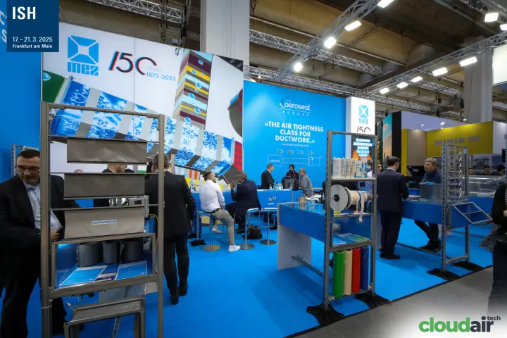 MEZ 150-year graphics and Aeroseal Europe ductwork sealing wall at ISH 2025