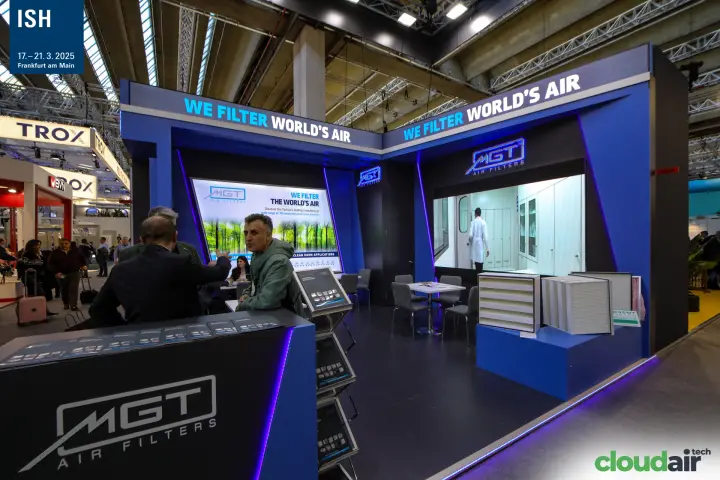 MGT Air Filters stand with panel filters and a clean room display at ISH 2025