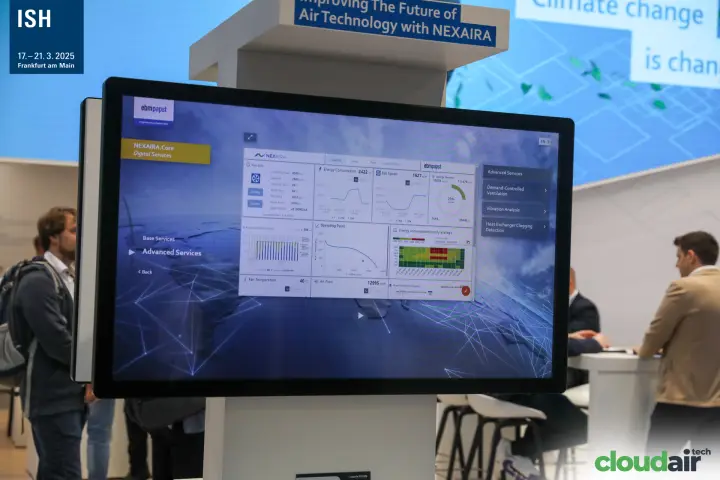 NEXAIRA.Core digital services dashboard on an ebm-papst screen at ISH 2025