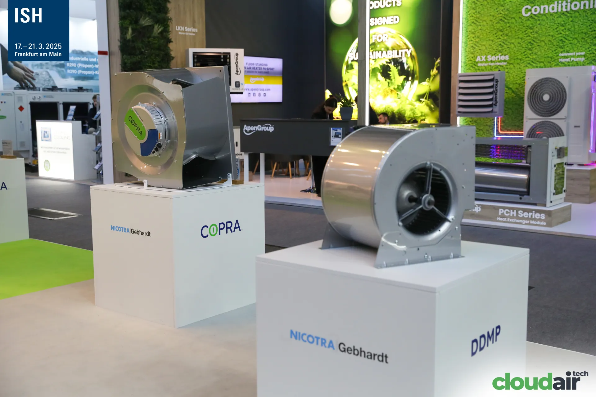 Nicotra Gebhardt COPRA and DDMP fans on white plinths at ISH 2025