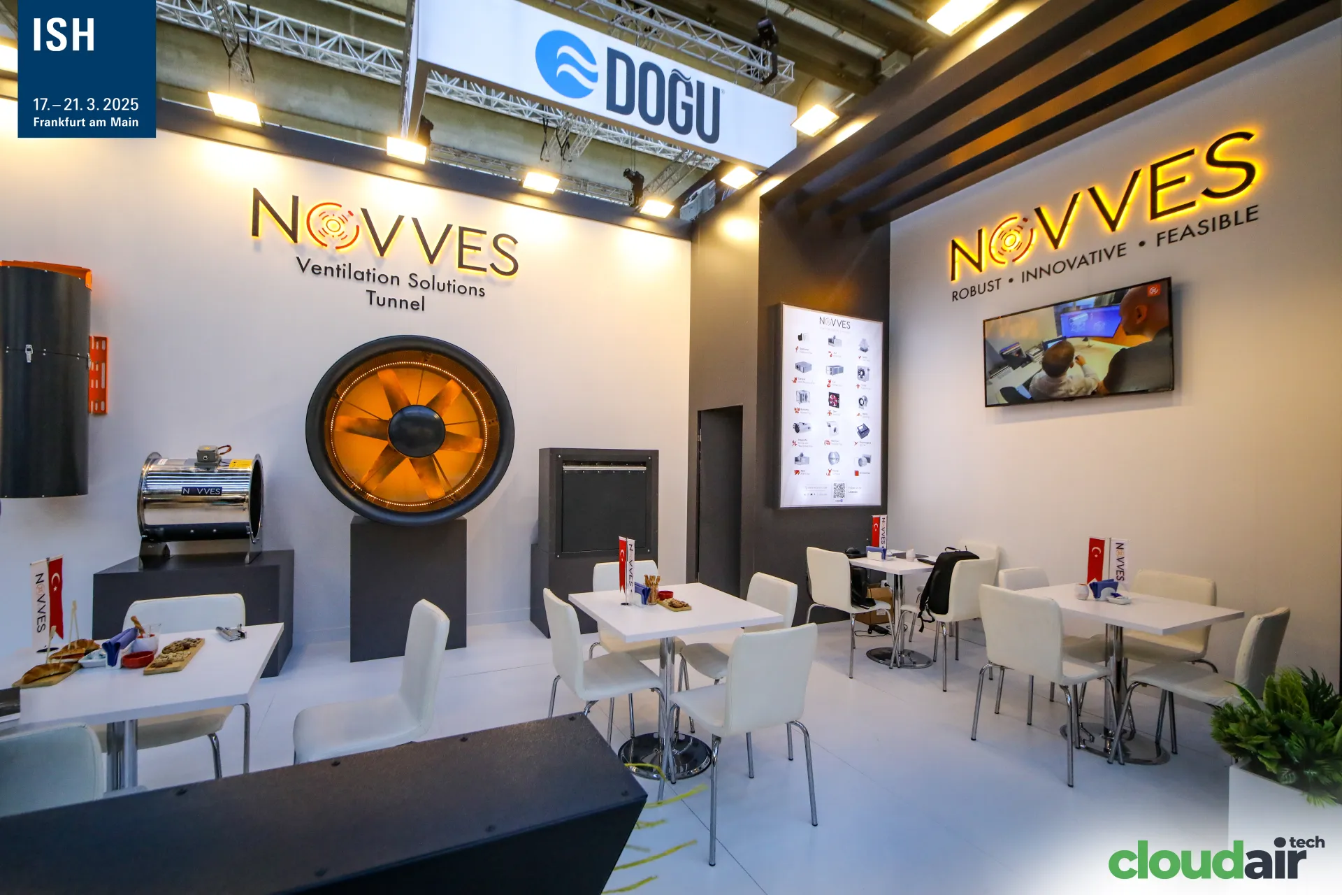 Novves meeting area with tunnel fans and a backlit product chart at ISH 2025