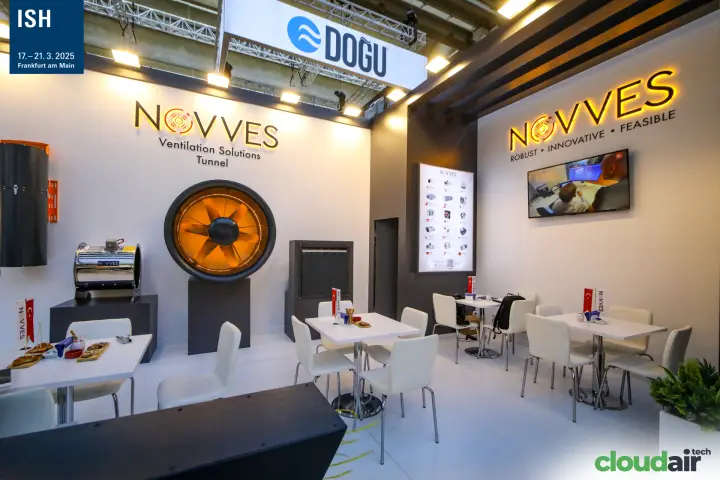 Novves meeting area with tunnel fans and a backlit product chart at ISH 2025