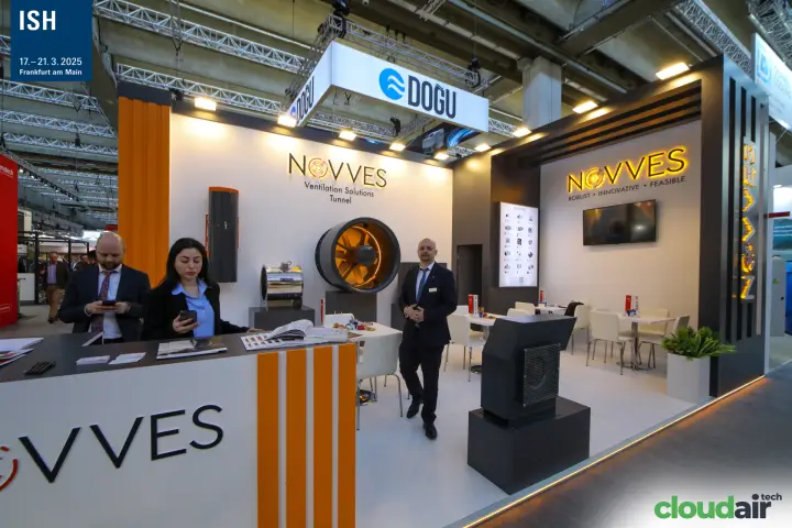 Novves stand with tunnel jet fans and an orange-striped counter at ISH 2025